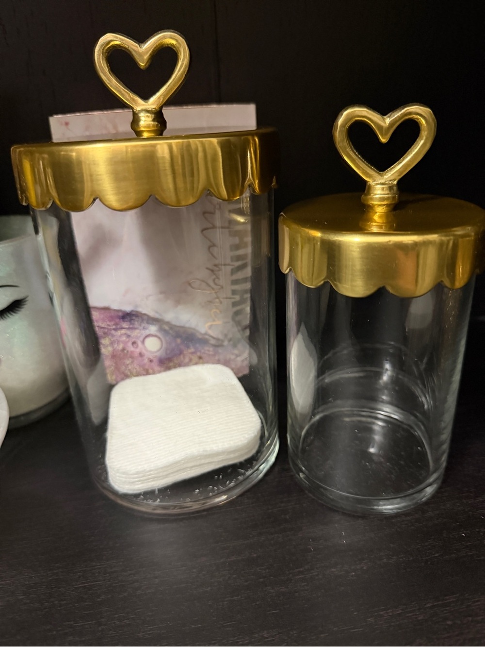 Pottery Barn Heart-Top Glass Canister Set with Gold Lids